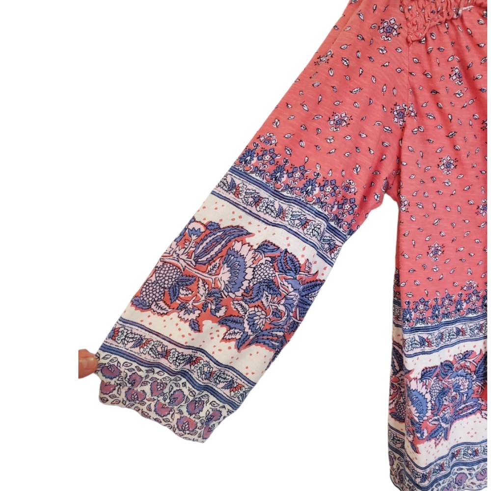 Lucky Brand Print Mix Boho Split Neck Peasant Blouse with Tassels Medium - Picture 3 of 6